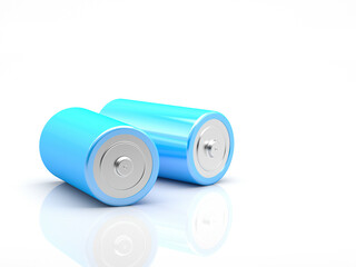 Two cells or blue batteries on a white background - 3D illustration