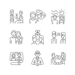 Romantic relationship linear icons set. Young family life tips. Relation development. Couples in love. Customizable thin line contour symbols. Isolated vector outline illustrations. Editable stroke