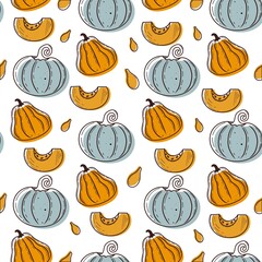 Seamless vector pumpkin pie pattern. Harvest season. The design of Thanksgiving and cozy autumn. Hand-drawn design