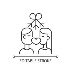 Couple kissing under mistletoe linear icon. Christmas mistletoe kiss. Under sprig of mistletoe. Thin line customizable illustration. Contour symbol. Vector isolated outline drawing. Editable stroke