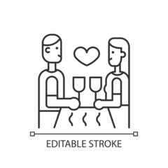 Dinner at restaurant linear icon. Married couple dining out. Partners sitting at table. Thin line customizable illustration. Contour symbol. Vector isolated outline drawing. Editable stroke