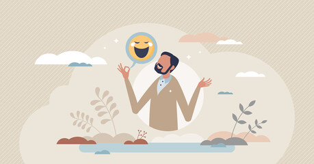Sense of humor and funny story telling to get laughter tiny person concept. Human skill and talent to express anecdotes or stand up comedy vector illustration. Happy emotion or feeling face expression - obrazy, fototapety, plakaty