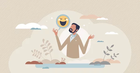 Deurstickers Sense of humor and funny story telling to get laughter tiny person concept. Human skill and talent to express anecdotes or stand up comedy vector illustration. Happy emotion or feeling face expression © VectorMine