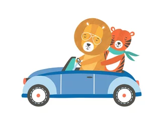 Fotobehang Funny lion and tiger in car flat vector illustration. Cute friends riding automobile cartoon characters. Cute wild animals on road trip. Adorable zoo inhabitants with transport. Holiday journey. © Good Studio