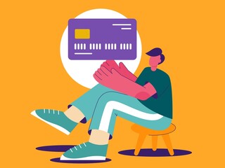 A young man holding a credit card. Flat modern conceptual vector illustration of credit cards and bank payments during life.
