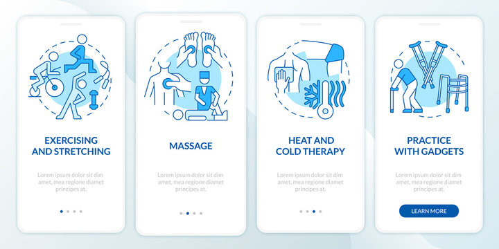 PT treatments blue onboarding mobile app page screen. Physical health. Physiotherapy walkthrough 4 steps graphic instructions with concepts. UI, UX, GUI vector template with linear color illustrations