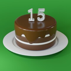 Chocolate cake on a plate with number 15