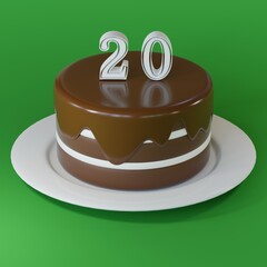 Chocolate cake on a plate with number 20