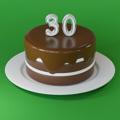 Chocolate cake on a plate with number 30