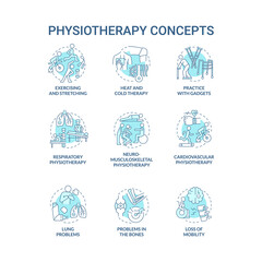Physiotherapy blue concept icons set. Exercising and stretching. Heat and cold therapy. Therapist treatment idea thin line color illustrations. Vector isolated outline drawings. Editable stroke