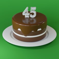 Chocolate cake on a plate with number 45