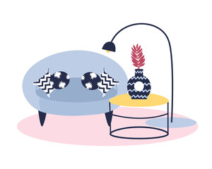 Modern room interior. Sofa, lamp, table. Vector illustration.
