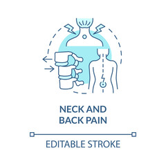 Neck and back pain blue concept icon. Patient with spine ache from bad posture. Physiotherapy abstract idea thin line illustration. Vector isolated outline color drawing. Editable stroke