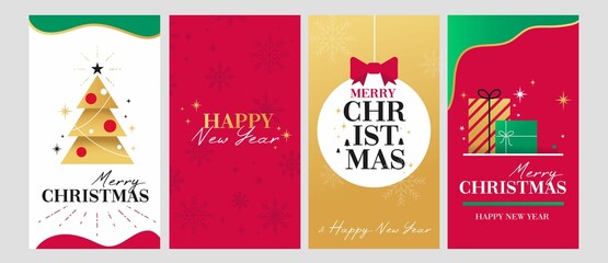 Modern Christmas story template set. New Year backgrounds for social media with Xmas decorations, snowflakes, gifts, Christmas tree and abstract shapes. Trendy holiday design vector illustration.