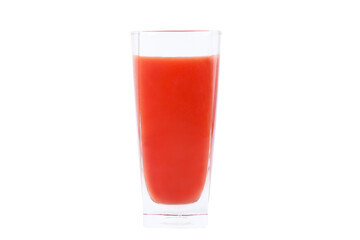 Glass with tomato juice on an isolated white background.