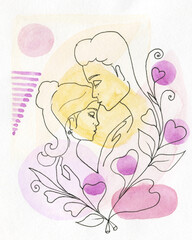 Watercolor poster with people on the background of colored spots with plants.Perfect for a greeting card, for a baby shower, for needlework and hobbies.