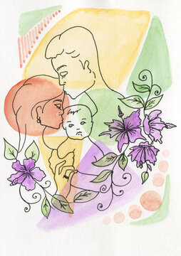 Watercolor poster with people on the background of colored spots with plants.Perfect for a greeting card, for a baby shower, for needlework and hobbies.