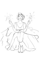 Girl with sparklers. An elegant young woman in a lush evening dress sits and smiles. New year or holiday illustration and retro style