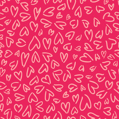 Doodled hearts seamless repeat pattern. Random placed, pink vector love sign all over surface print.