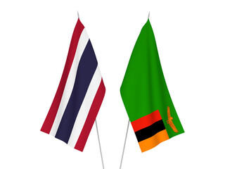 National fabric flags of Thailand and Republic of Zambia isolated on white background. 3d rendering illustration.