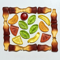 Top view of different colorful sweets, sugar jelly candies isolated over white background