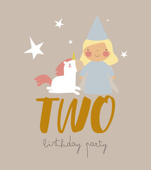 Happy Birthday card with cute little princess, magic unicorn and number two. Vector illustration. Illustration for children's parties, postcards, posters, banners and printing.