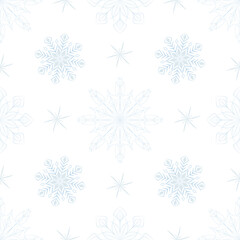 Naklejka na ściany i meble Christmas, New Year, holidays seamless pattern with painted snowflakes on a transparent background. Winter texture for printing, paper, design, fabric, decor, gift, food packaging, backgrounds