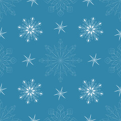 Christmas, New Year, holidays seamless pattern with painted snowflakes on a blue background. Winter texture for printing, paper, design, fabric, decor, gift, food packaging, backgrounds.