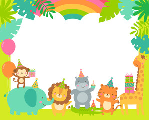 Obraz na płótnie Canvas Cute safari cartoon animals border with copy space for kids party invitation card template.