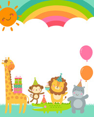 Cute safari cartoon animals border with copy space for kids party invitation card template.
