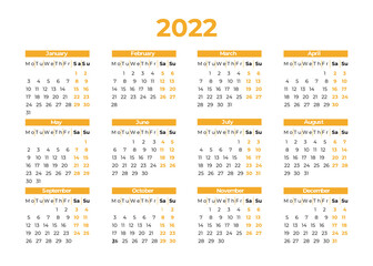 Calendar for 2022 isolated on a white background. Sunday to Monday, business template. Vector illustration
