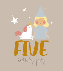 Happy Birthday card with cute little princess, magic unicorn and number five. Vector illustration. Illustration for children's parties, postcards, posters, banners and printing.