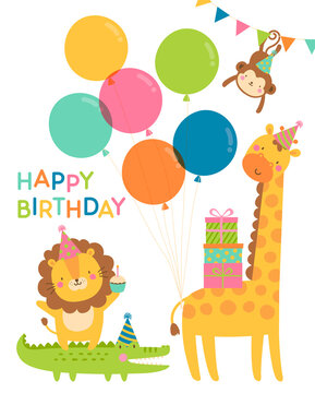 Cute safari cartoon animals illustration for kids birthday greeting card.