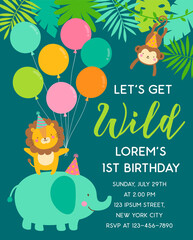 Fototapeta premium Cute jungle animals and tropical leaves for kids party invitation card template.