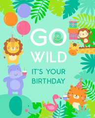 Cute jungle animals and tropical leaves for kids greeting or invitation card template.