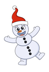 funny cartoon snowman in a christmas hat. vector illustration isolated on white background