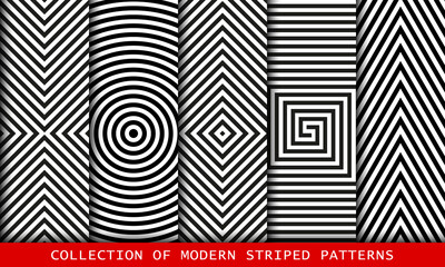 Set of black and white striped patterns, textures.