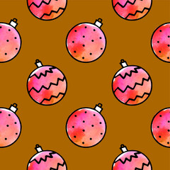 Seamless pattern with Watercolor Christmas tree balls. Hand drawn New year, Xmas backgrounds and textures. For greeting cards, wrapping paper, packaging, fabric, calendars, prints