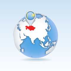 Kazakhstan - country map and flag located on globe, world map.