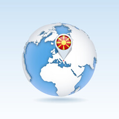 Macedonia - country map and flag located on globe, world map.