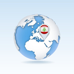 Lebanon - country map and flag located on globe, world map.