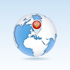 Montenegro - country map and flag located on globe, world map.