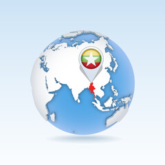 Myanmar - country map and flag located on globe, world map.