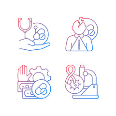 Drug-potency studies gradient linear vector icons set. Improving treatment. Side effects risk. Feasibility process. Thin line contour symbols bundle. Isolated outline illustrations collection
