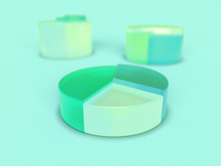 3D rendered transparent pie charts with two marked parts on a light background. Illustration for infographics or presentation of results. Visualization for markets and statistics.