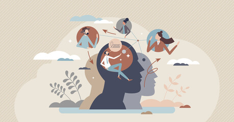 Fototapeta Social cognition as psychological mind interaction tiny person concept. Process, store and apply information about society members and make connections in brains or self perception vector illustration obraz
