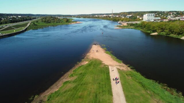 A 4K high angle footage of confluence of the Nemunas and the Neris rivers in Kaunas, Lithuania.