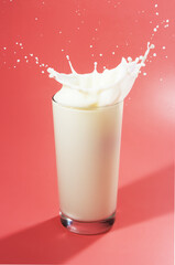 Milk Splash in Glass on isolated pink background