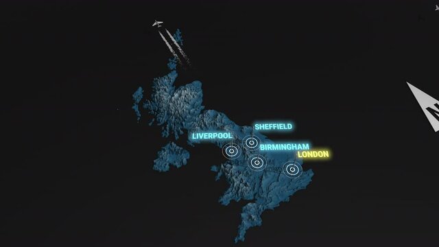 Seamless looping animation of the 3d terrain map at nighttime of United Kingdom with the capital and the biggest cites in 4K resolution