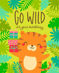 Cute tiger cartoon illustration with gift boxes for birthday greeting card design.